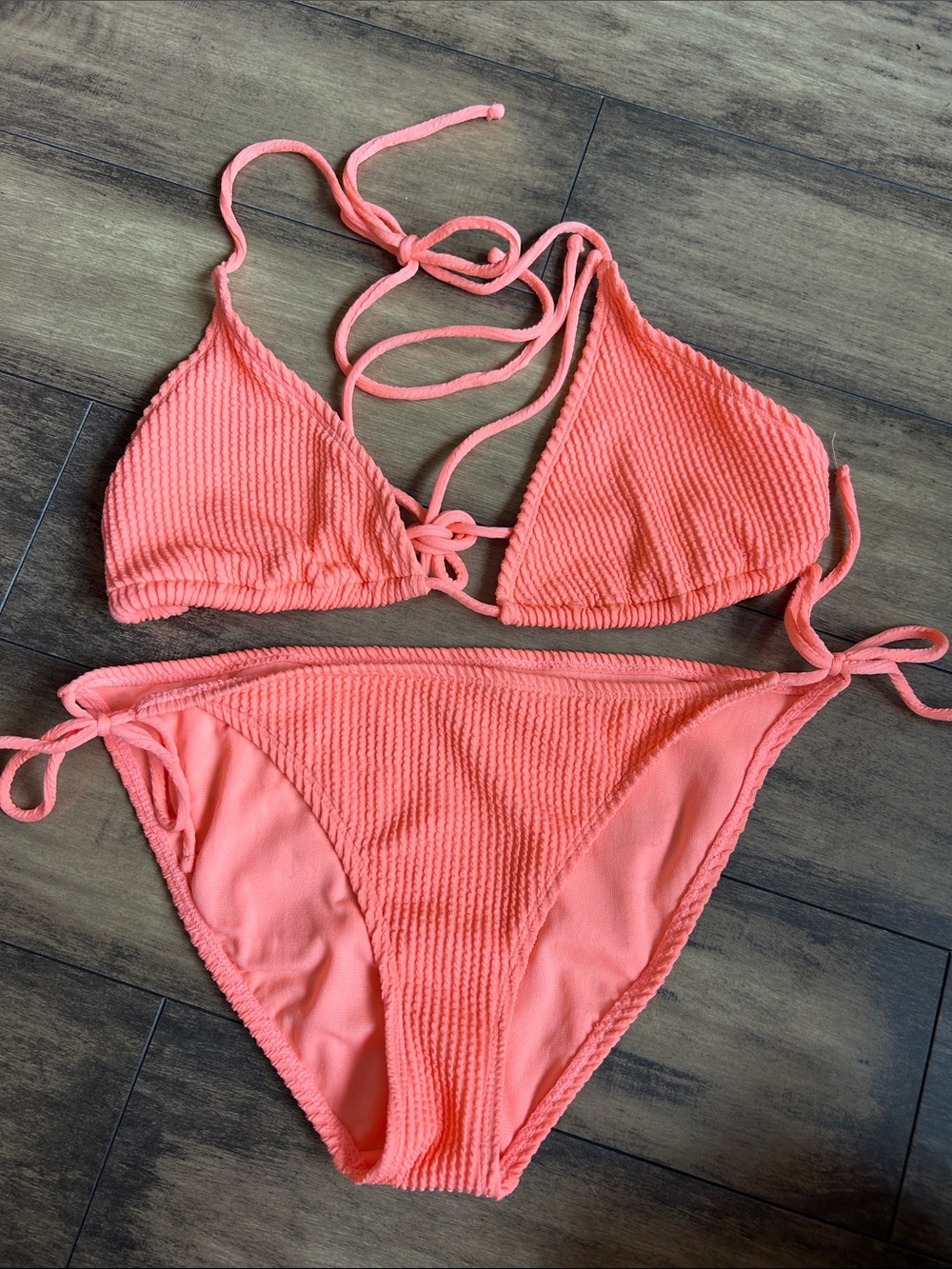 No Boundaries Coral Pink/Orange Ribbed String Bikini
